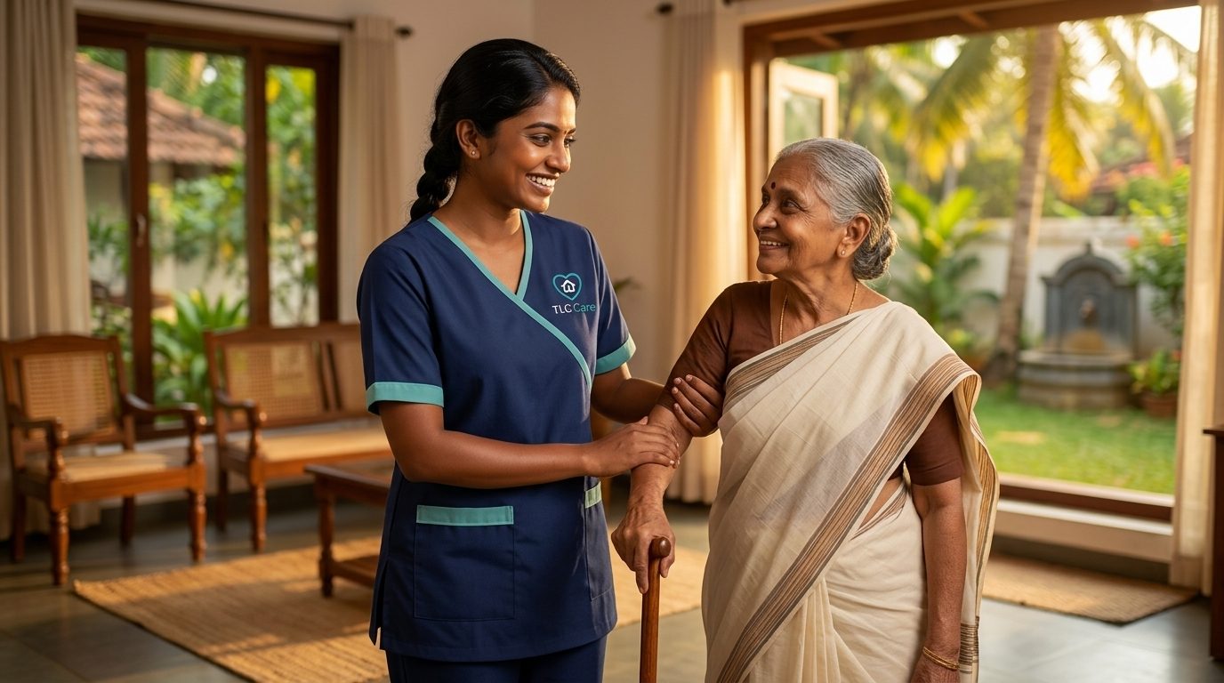 A TLC caregiver steadying an elderly woman's arm as she walks with her cane through a bright home