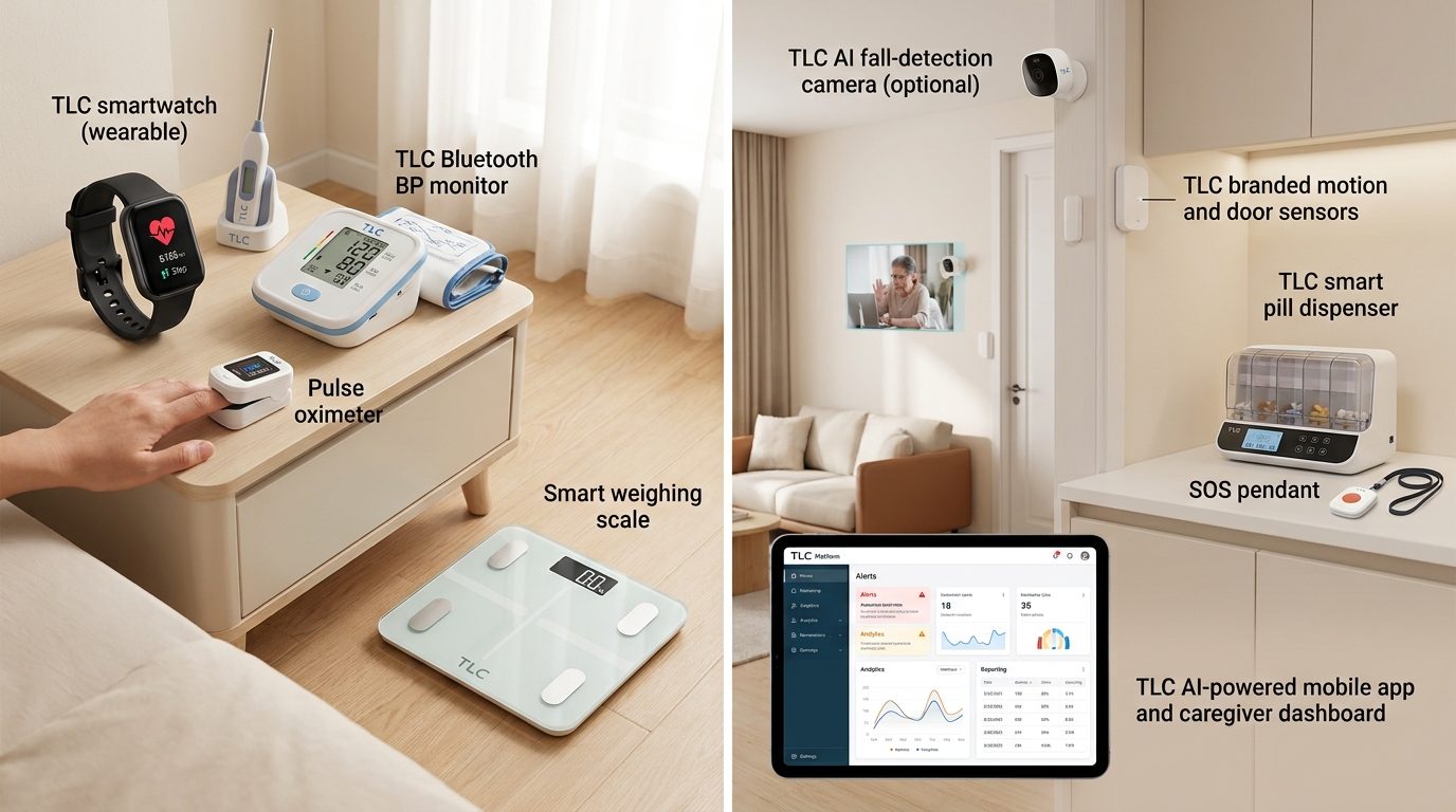 TLC devices set up in a senior's home — smartwatch, BP monitor, pulse oximeter and weighing scale on a bedside table; fall-detection camera, motion sensors, pill dispenser, SOS pendant and the caregiver dashboard