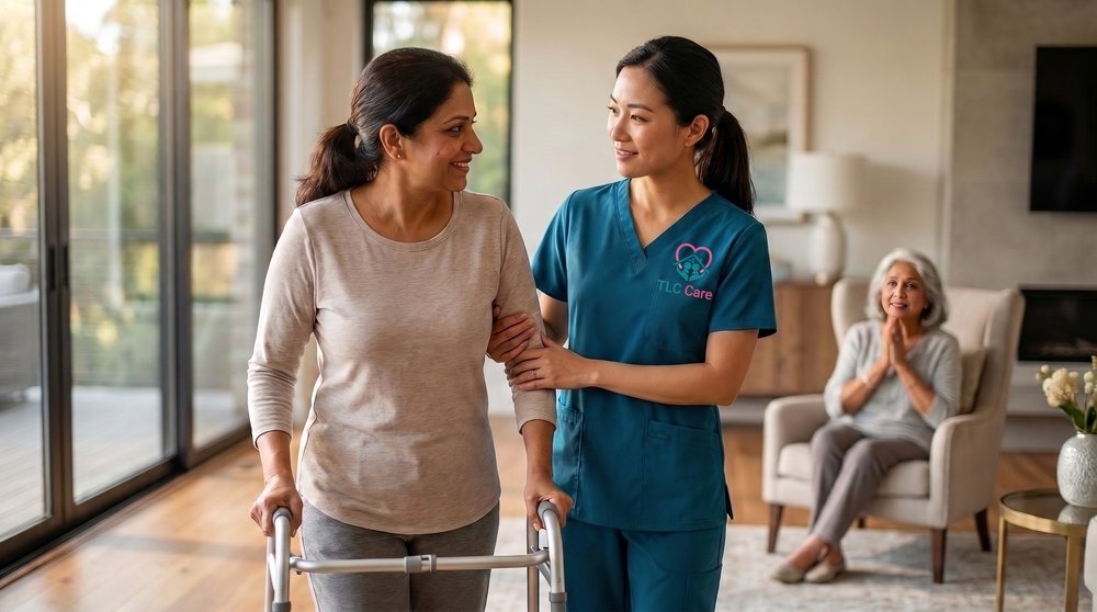 A TLC caregiver in teal scrubs helping a woman walk safely with a wheeled walker in a bright living room, with a family member seated nearby